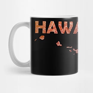 Colorful mandala art map of Hawaii with text in brown and orange Mug